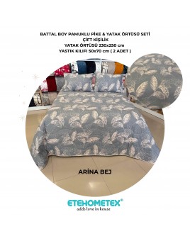 ETEHOMETEX Battal Boy Pamuklu Kapitoneli Yatak Örtüsü Seti ARİNA BEJ 8696474232098